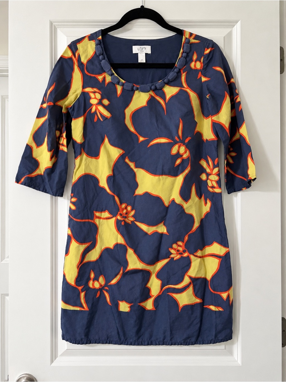 LOFT Navy Blue Shift Dress with Yellow Floral Overlay